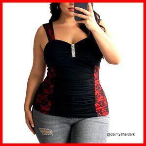 Plus Size Lace Up Ribbed Tank Top with Floral Sequin Design